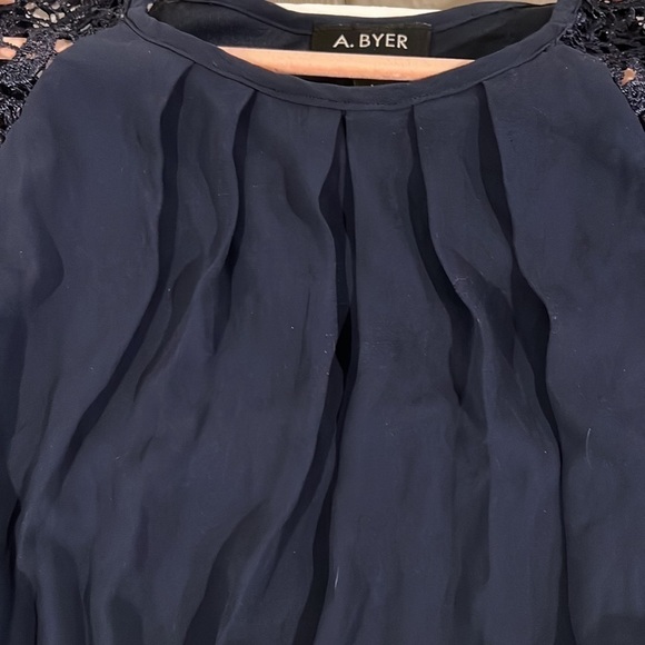 A. Byer Navy Blue Dress with Lace Cap Sleeves - Large - Picture 9 of 12